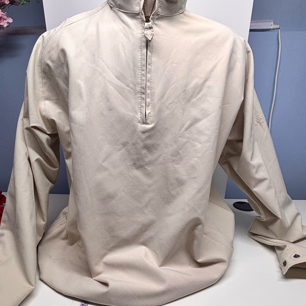 Vintage Callaway Men's Light Beige Golf High Collar Windbreaker hidden hood - Picture 4 of 10